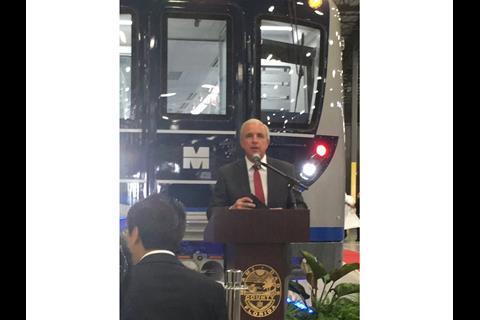 The first two Hitachi cars for Miami-Dade Transit’s Metrorail network were unveiled by Mayor Carlos A Gimenez.